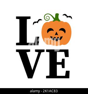 Love Schriftzug mit Halloween Kürbis Gesicht. Süß lächelnd Jack o Lantern. Vektor-Vorlage für Typografie Poster, Banner, Aufkleber, Hemd, etc. Stock Vektor