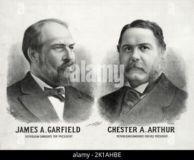 Ein altes Plakat zur republikanischen Wahlkampagne, auf dem James Garfield als Präsidentschaftskandidat und Chester Arthur als Vizepräsident zu sehen sind. Stockfoto