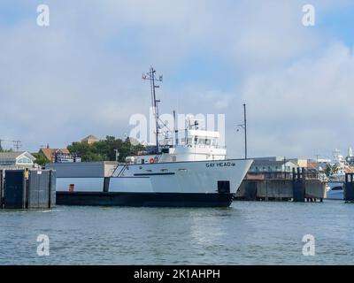 Die MV Gay Head Fähre dockte am Hafen von Hyannis in der Stadt Barnstable, Cape Cod, Massachusetts, USA. Stockfoto