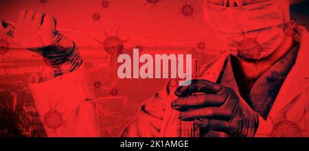 Wissenschaftlerin hält Laborglas gegen Stadt Tests auf Coronavirus, globales Pandemiekonzept Stockfoto