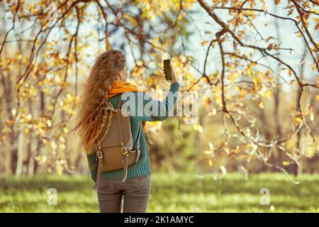 Eine junge rothaarige Frau geht durch den Herbstpark. Ein Mädchen mit einem Smartphone macht Fotos in einem Herbstwald Stockfoto