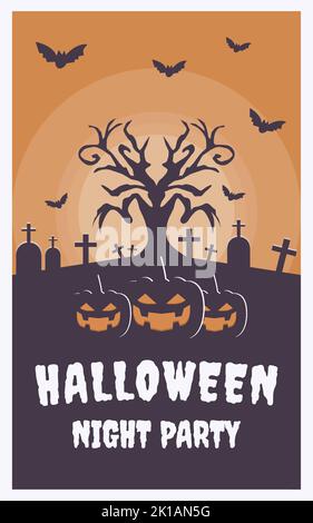 Halloween-Nacht-Party-Banner mit Kürbisgesicht beängstigend, Mond, beängstigend Baum, und Grabstein Illustration Stock Vektor