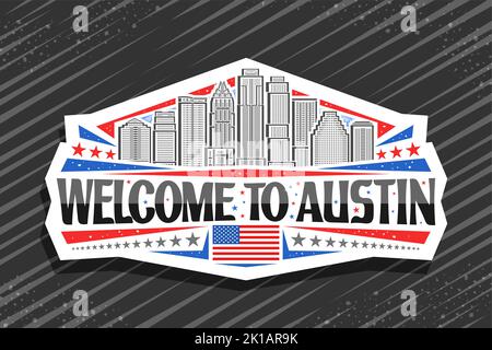 Vektor-Logo für Austin, weißes dekoratives Schild mit Liniendarstellung der berühmten zeitgenössischen austin Stadtlandschaft auf dem Hintergrund des Tageshimmels, Kunstdesign Kühlschrank Stock Vektor