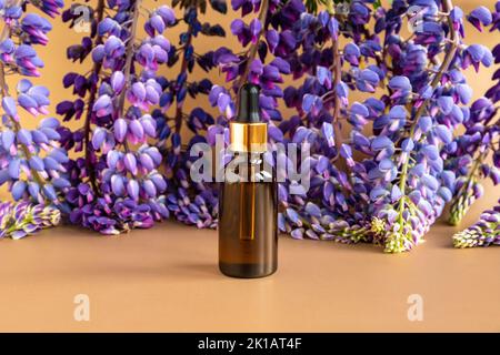 Serum in brauner Glasflasche ohne Marke mit Pipette und blau-violetten Lupinenblüten auf braungoldenem Hintergrund. Kosmetikflasche blank mit Hyaluronic ac Stockfoto