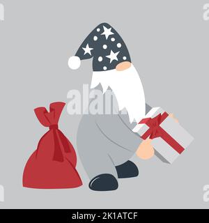 Niedliches kleines Gnome in einem Hut mit einem Geschenk. Vektor-isoliertes Clipart. Stock Vektor