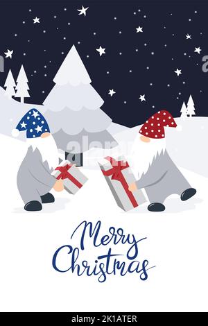 Weihnachtskarte. Zwei niedliche Zwerge schenken einander auf einem Winterhintergrund mit Schneeflocken Geschenke. Vektor. Stock Vektor
