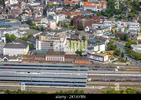 Luftaufnahme, Hamm Westf. Hauptbahnhof, Empfangsgebäude, Zentrum, Hamm, Ruhrgebiet, Nordrhein-Westfalen, Deutschland, Bahnhof, DE, Deutsche Bahn AG, Stockfoto