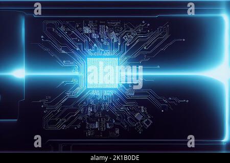 Das beleuchtete blaue Licht der elektronischen Schaltung, Digital Generate Image Stockfoto