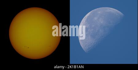 London, Großbritannien. 17. September 2022. Morgens blauer Himmel und Herbsttemperaturen in der Hauptstadt. Zusammengesetztes Bild der Sonne mit Sonnenflecken und Mond, das Minuten voneinander entfernt aufgenommen wurde. Quelle: Malcolm Park/Alamy Live News Stockfoto