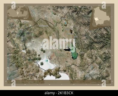 Oruro, Abteilung von Bolivien. Hochauflösende Satellitenkarte. Orte und Namen der wichtigsten Städte der Region. Karten für zusätzliche Eckposition Stockfoto