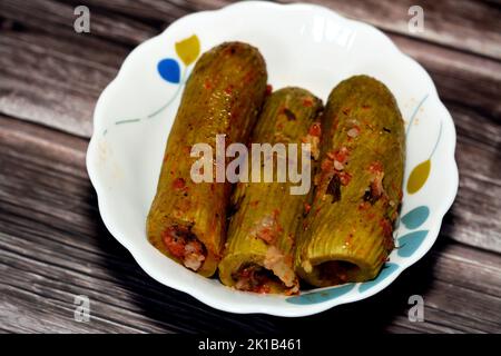 Gefüllte Kürbis, Zucchini, Mark, Mahshi oder Zucchini gefüllt mit weißem Reis, Zwiebeln, Petersilie, Dill und Koriander, selektiver Schwerpunkt der arabischen Ägypter Stockfoto