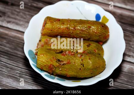 Gefüllte Kürbis, Zucchini, Mark, Mahshi oder Zucchini gefüllt mit weißem Reis, Zwiebeln, Petersilie, Dill und Koriander, selektiver Schwerpunkt der arabischen Ägypter Stockfoto