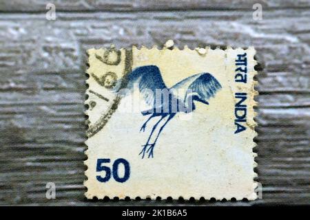 Kairo, Ägypten, August 15 2022: Alte gebrauchte indische Briefmarke gedruckt in Indien 1975 50p aus der Land-Motive-Serie zeigt gleitenden Vogel Virgin Cran Stockfoto