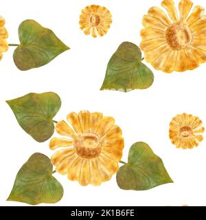 Herbst Aquarell Nahtloses Muster mit Sonnenblumen und Blättern. Gelbe Herbstblumen. Design für Verpackungen, Schreibwaren, Scrapbooking und Textilien Stockfoto