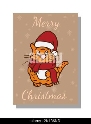 Weihnachtskarte mit einem fröhlichen Tiger in einem Weihnachtsmütze. Vektorgrafik im Doodle-Stil mit Herzlichen Glückwunsch. Postkarte, Banner, Tag, Einladung Stock Vektor
