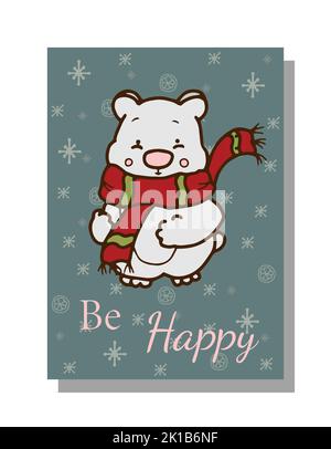 Neujahrskarte mit einem niedlichen Eisbären in einem Schal. Mit Schneeflocken im Hintergrund, Banner im Retro-Stil. Grußkarte für Weihnachten. Vektorgrafiken Stock Vektor
