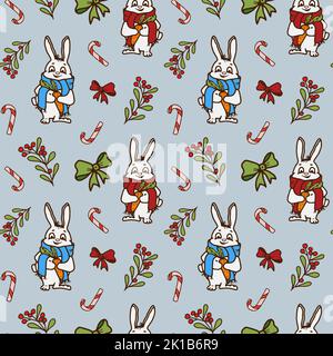 Weihnachtliches Vektormuster mit einem fröhlichen Kaninchen im Schal und mit einer Karotte. Weihnachts-Zuckerrohr, Zweig mit Beeren und einer Schleife. Im Doodle-Stil Stock Vektor