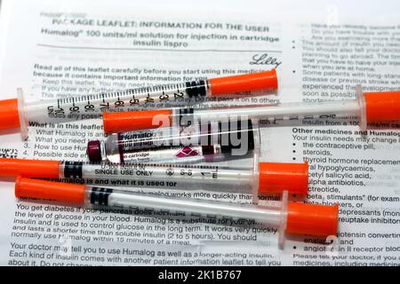 Kairo, Ägypten, September 14 2022: Humalog 100-ml-Lösung zur Injektion in der Kartusche Insulin Lispro zur Behandlung von Diabetes mellitus-Patienten Stockfoto