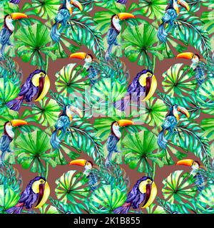 Toucan tropische Vögel und Palmen Blätter Aquarell nahtlose Muster auf dunklem Hintergrund. Farbenfroher Tierdruck von Hand bemalt. Exotisches Blumenmuster für Fab Stockfoto