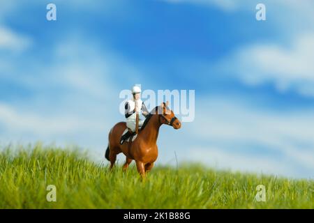 Miniatur Menschen Spielzeug Figur Fotografie. Ein Jockey-Mann, der zum Training auf dem Wiesenfeld reitet. Bildfoto Stockfoto