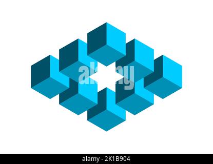 Blaue 3D Würfel optische Illusion. Rechteckige Form aus kleinen Würfeln. Unmögliches Polygonobjekt mit einem sechszackigen Stern in der Mitte. Geometrischer Block Stock Vektor