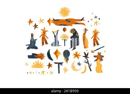 Lustige Raum meditieren seltsame Kosmos Figur Menschen Charaktere Sammlung set.Cute abstrakte Kreatur aus dem Weltraum, Magie mit Sternen und Mond Stock Vektor
