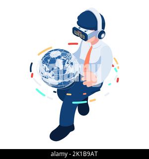 Flacher 3D Isometrischer Geschäftsmann mit VR Headset Holding Web 3,0 World Globe. Web 3,0 Technologie und Blockchain-Konzept Stock Vektor