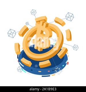 Flache 3D isometrische Geldmünze, die sich aus der Mitte mit Bitcoin-Symbol ausbreitet. Dezentrales Finanz- und Kryptowährungskonzept. Stock Vektor