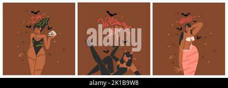 Handgezeichnete abstrakte Vektor Grafik Cliparts Illustrationen, Halloween Urlaub Kostüm Party Erwachsene Menschen Charaktere Sammlung Set.Gruseliges Halloween Stock Vektor