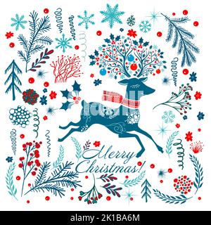 Frohe Weihnachtskarte. Niedlicher Hirsch. Vektorgrafik. Grußkarte für Kinder. Handgezeichnete Abbildung auf weißem Hintergrund. Stock Vektor