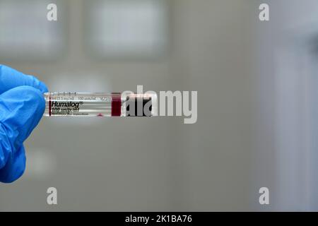 Kairo, Ägypten, September 14 2022: Humalog 100-ml-Lösung zur Injektion in der Kartusche Insulin Lispro zur Behandlung von Diabetes mellitus-Patienten Stockfoto