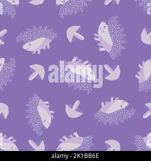 Niedliche stachelige, stachelige, Igel und Pilz nahtlose Muster Hintergrund. Cartoon Kawaii Igel, Doodle Pilze Hintergrund. Naturwaldwesen Stock Vektor