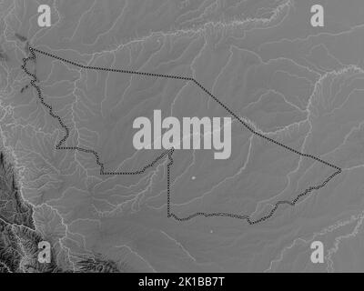 Acre, Bundesstaat Brasilien. Höhenkarte in Graustufen mit Seen und Flüssen Stockfoto