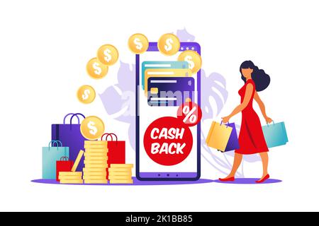 Online-Cashback-Konzept. Frau mit Einkaufstaschen und Smartphone mit Kreditkarte darauf. Online-Banking. Geld sparen. Geldrückerstattung. Vektor. Stock Vektor