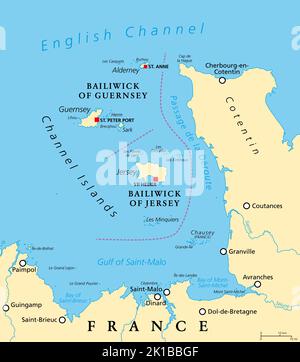 Kanalinseln, politische Karte. Die Kronenabhängigkeiten die Balliwick von Guernsey und die Balliwick von Jersey, einem Archipel im Ärmelkanal. Stockfoto