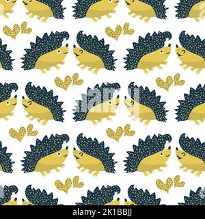Niedliche stachelige, stachelige, Igel und Herz nahtlose Muster Hintergrund. Cartoon Kawaii Igel und Doodle Herzen blau gelb weiß Hintergrund. Natur Stock Vektor