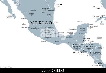 Mesoamerika, graue politische Landkarte. Historische Region und kulturelles Gebiet im südlichen Nordamerika und Mittelamerika, von Mexiko bis Costa Rica. Stockfoto