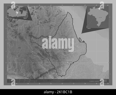 Amapa, Bundesstaat Brasilien. Höhenkarte in Graustufen mit Seen und Flüssen. Orte und Namen der wichtigsten Städte der Region. Ecke Zusatzposition ma Stockfoto