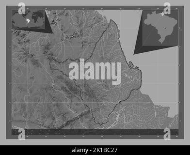Amapa, Bundesstaat Brasilien. Bilevel-Höhenkarte mit Seen und Flüssen. Karten für zusätzliche Eckposition Stockfoto
