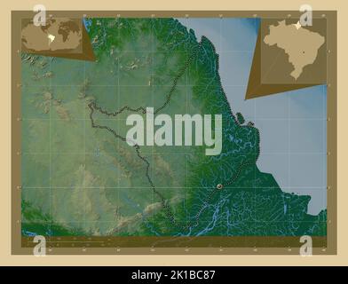 Amapa, Bundesstaat Brasilien. Farbige Höhenkarte mit Seen und Flüssen. Karten für zusätzliche Eckposition Stockfoto