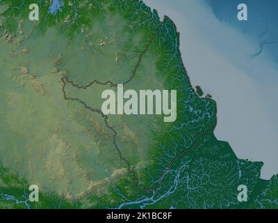 Amapa, Bundesstaat Brasilien. Farbige Höhenkarte mit Seen und Flüssen Stockfoto