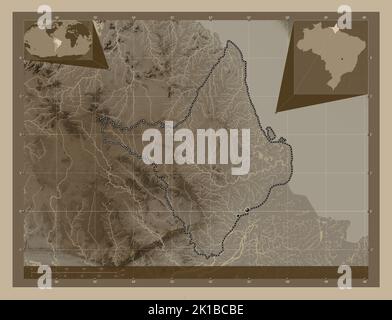 Amapa, Bundesstaat Brasilien. Höhenkarte in Sepia-Tönen mit Seen und Flüssen. Standorte der wichtigsten Städte der Region. Zusätzliche Position der Ecke Stockfoto