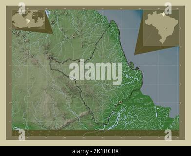 Amapa, Bundesstaat Brasilien. Höhenkarte im Wiki-Stil mit Seen und Flüssen. Standorte der wichtigsten Städte der Region. Zusätzliche Position der Ecke Stockfoto