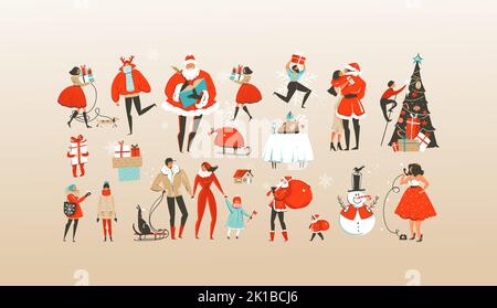 Handgezeichnete Vektor abstrakt Frohe Weihnachten und Happy New Year Cartoon Illustrationen Gruß Kollektion mit feiern Menschen Figuren gesetzt, Santa Stock Vektor