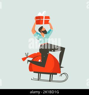 Hand gezeichnet Vektor abstrakt Spaß Frohe Weihnachten und Happy New Year Time Cartoon Illustration Grußkarte mit Weihnachten Mann und Überraschung Geschenkbox isoliert Stock Vektor