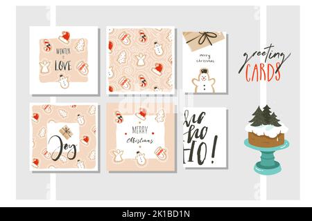 Hand gezeichnet Vektor abstrakt Spaß Frohe Weihnachten und Happy New Year Time Cartoon Illustration Grußkarten Sammlung mit Xmas Lebkuchen gesetzt Stock Vektor