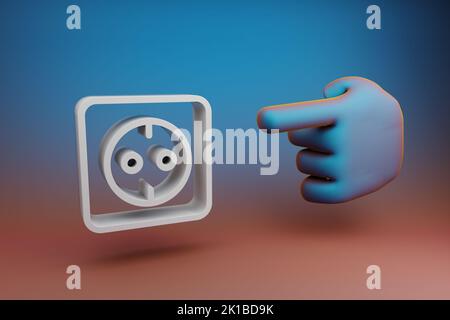 Schöne Illustrationen abstrakte Hand Zeigefinger zeigt auf Eco Symbol Symbol Symbol auf einem mehrfarbigen hellen Hintergrund. 3D Rendering-Illustration. Hintergrund Stockfoto