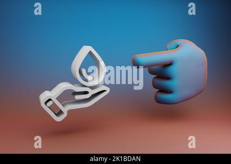 Schöne Illustrationen abstrakte Hand Zeigefinger zeigt auf sauberes Wasser Hand Symbol Symbol auf einem mehrfarbigen hellen Hintergrund. 3D Rendering-Illustration Stockfoto