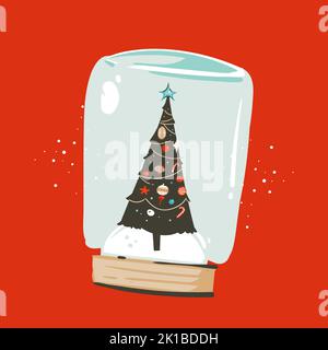 Hand gezeichnet Vektor abstrakt Spaß Frohe Weihnachten und Happy New Year Time Cartoon Illustration Grußkarte mit Weihnachtsbaum in Schneeglaskugel isoliert Stock Vektor