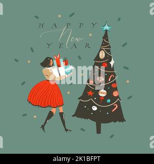 Hand gezeichnet Vektor abstrakt Spaß Frohe Weihnachten und Happy New Year Time Cartoon Illustration Grußkarte mit Weihnachten geschmückt Baum und Mädchen mit Stock Vektor